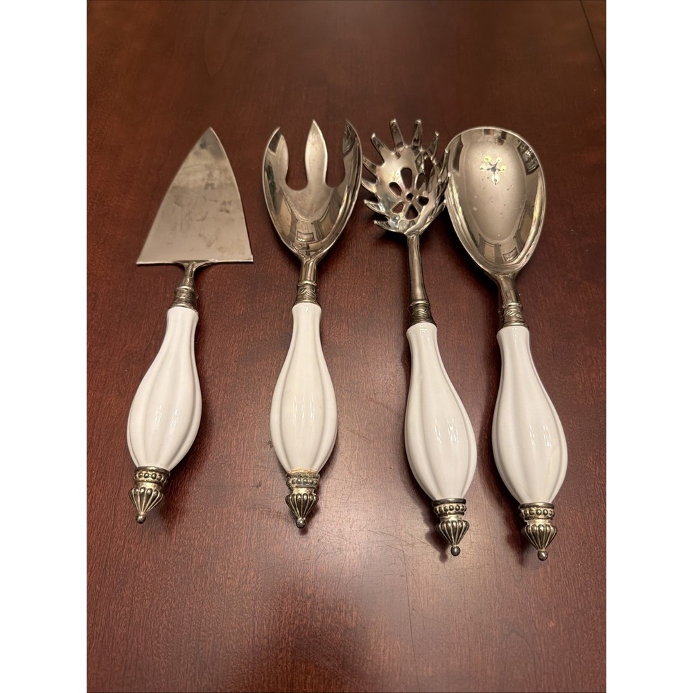 Godinger silver-plated serving set with white porcelain handles. Beautiful 4 Pc